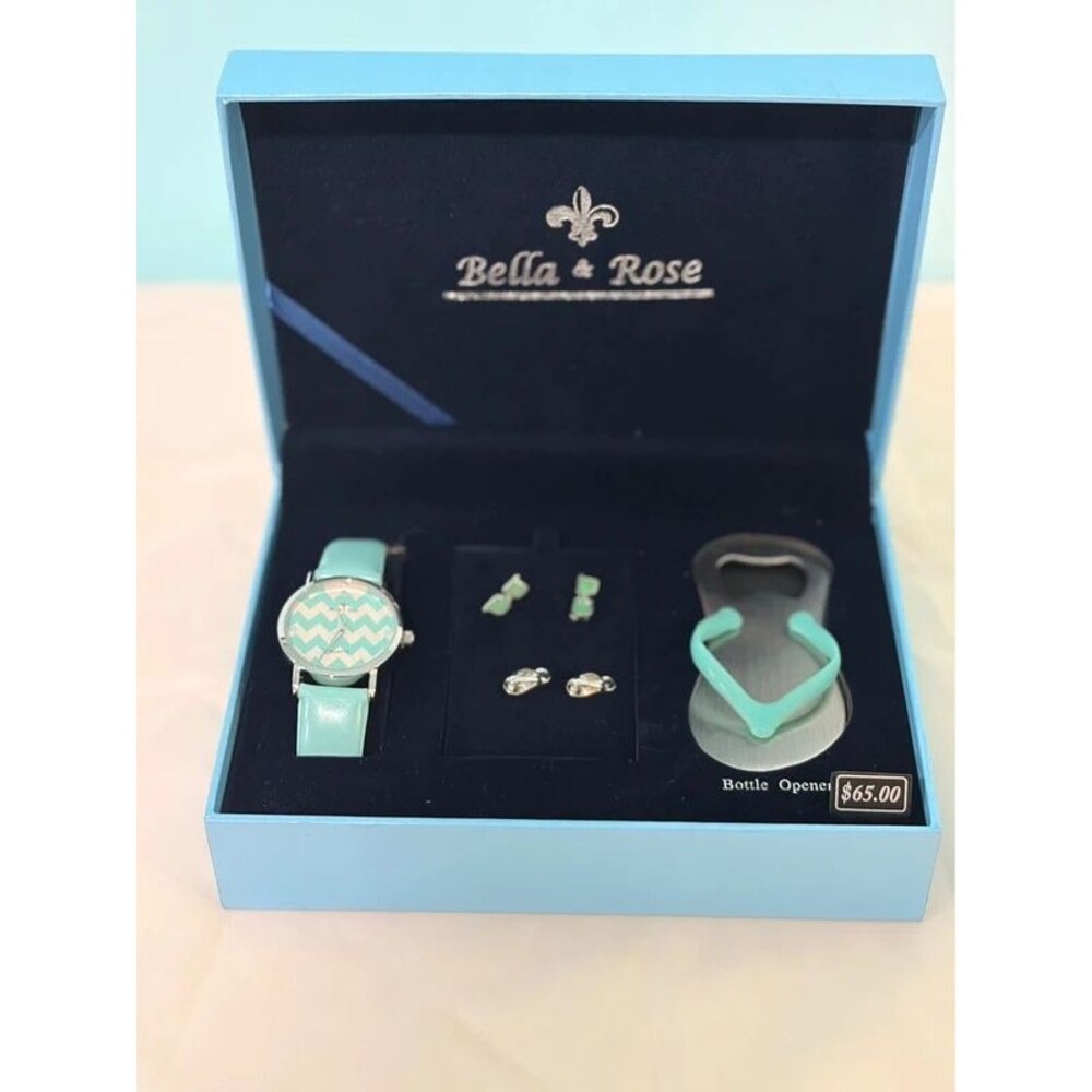Bella & Rose 4 pc teal watch set with 2 pair of earrings and bottle opener